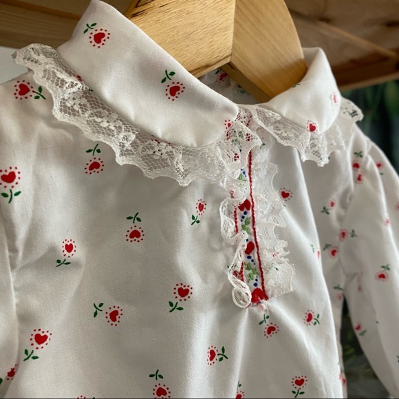 Vintage Tiny Tots Originals Red Velvet Overall Romper Heart Flower Lace Shirt - Picture 9 of 13